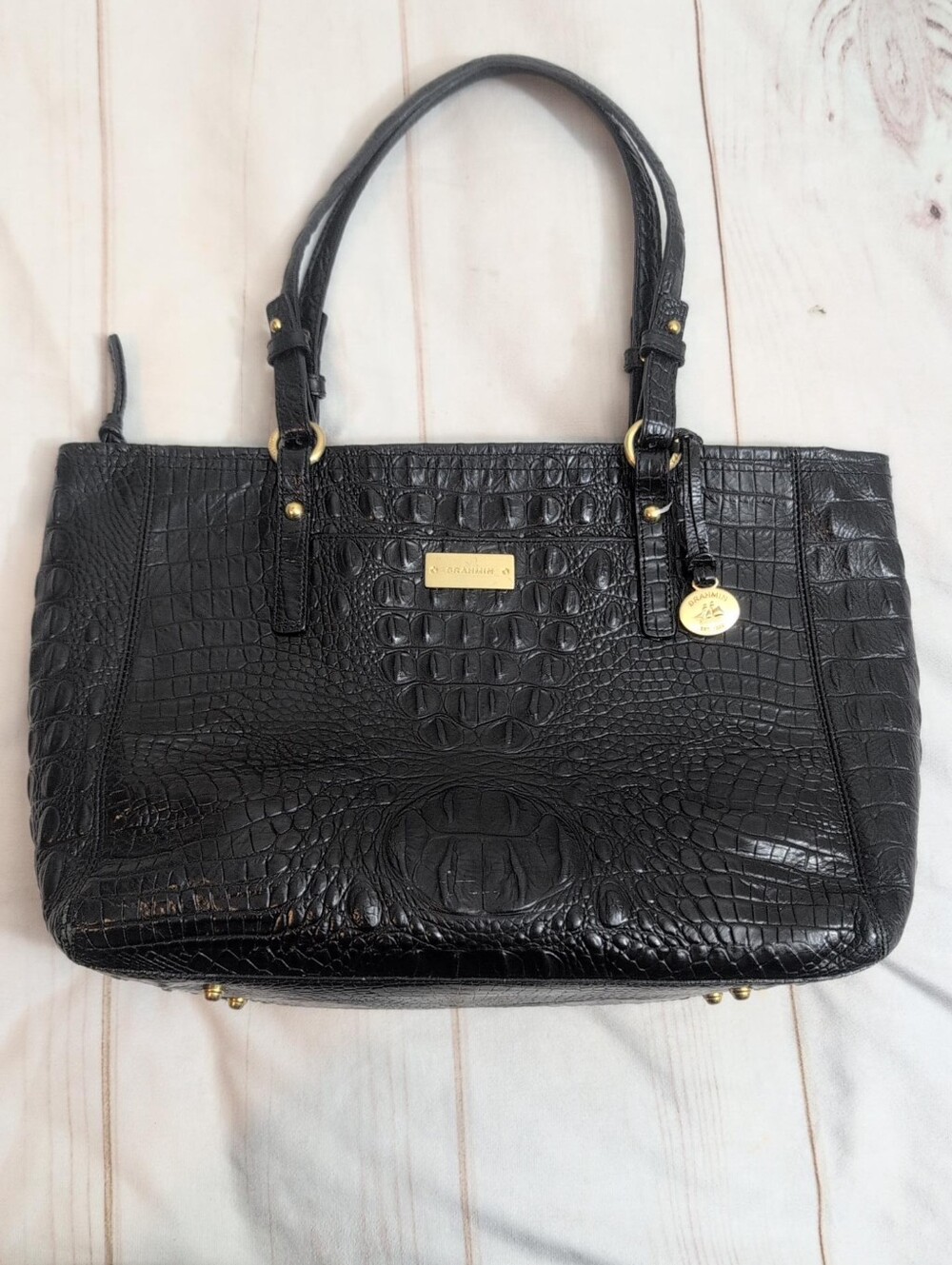 Brahmin Anytime Tote Black Melbourne Croc Embossed Leather Shoulder Bag